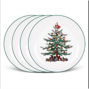Set Of 4 Porcelain Christmas Dinner Plates With Festive Tree Design